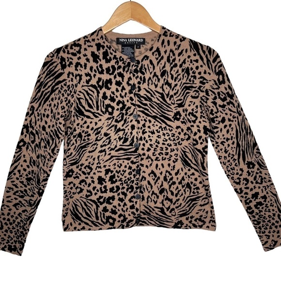 Nina Leonard Cheeta Print Cardigan Sweater Size S Lambswool Blend Lightweight - Picture 3 of 15